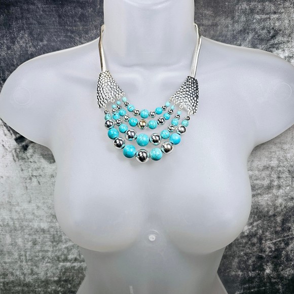 Faux Turquoise Necklace Bib Silvertone Multi Layer Beaded Statement Jewelry - Picture 7 of 8